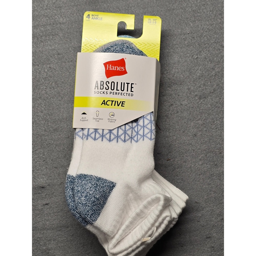 Hanes Absolute Active Ankle Socks 4 Pair Pack White Blue Large Shoe Size 3-9